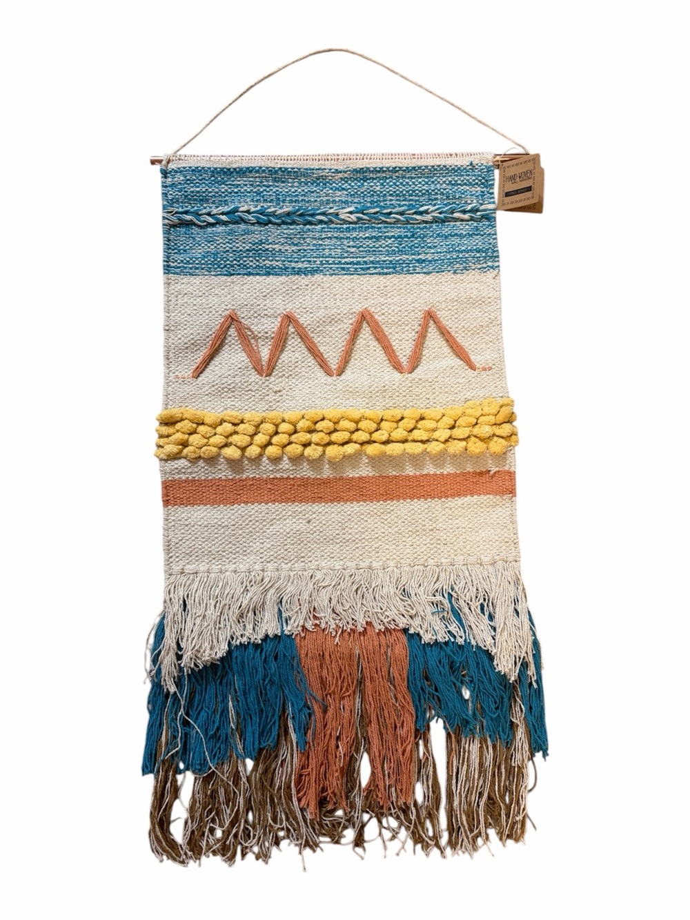 Handwoven Boho Wall Hanging with Teal, Yellow & Rust Accents